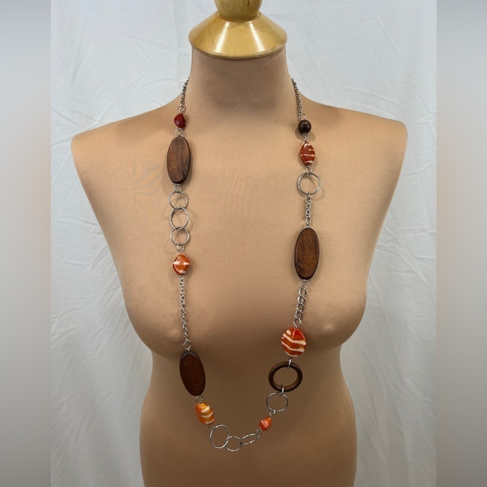 Retro Looking Brown & Orange Bead Wood Chain Link Long Necklace